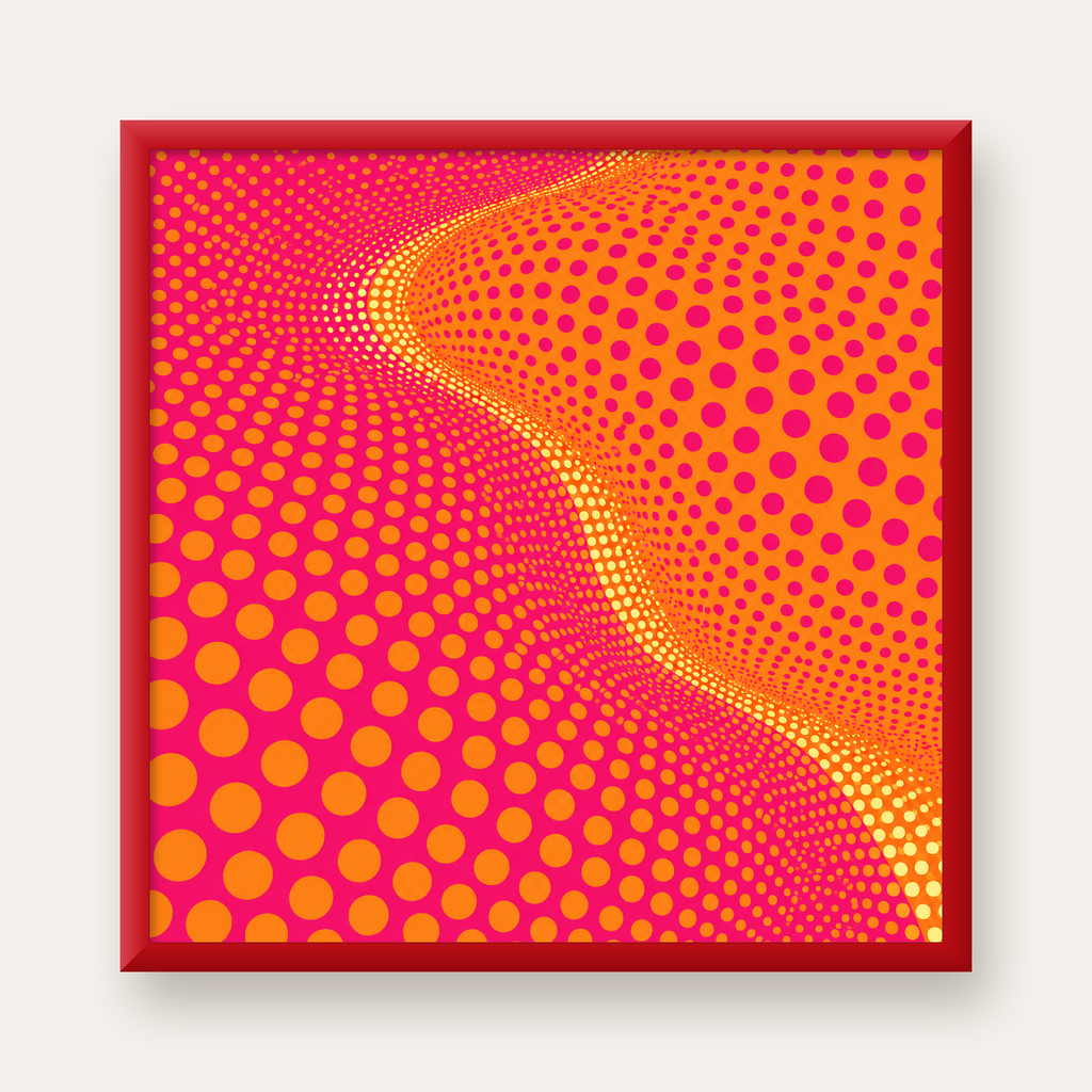 Optik İllüzyon Puantiyeli Pop Art Poster – Pembe Turuncu Sarı — kırmızı çerçeveli