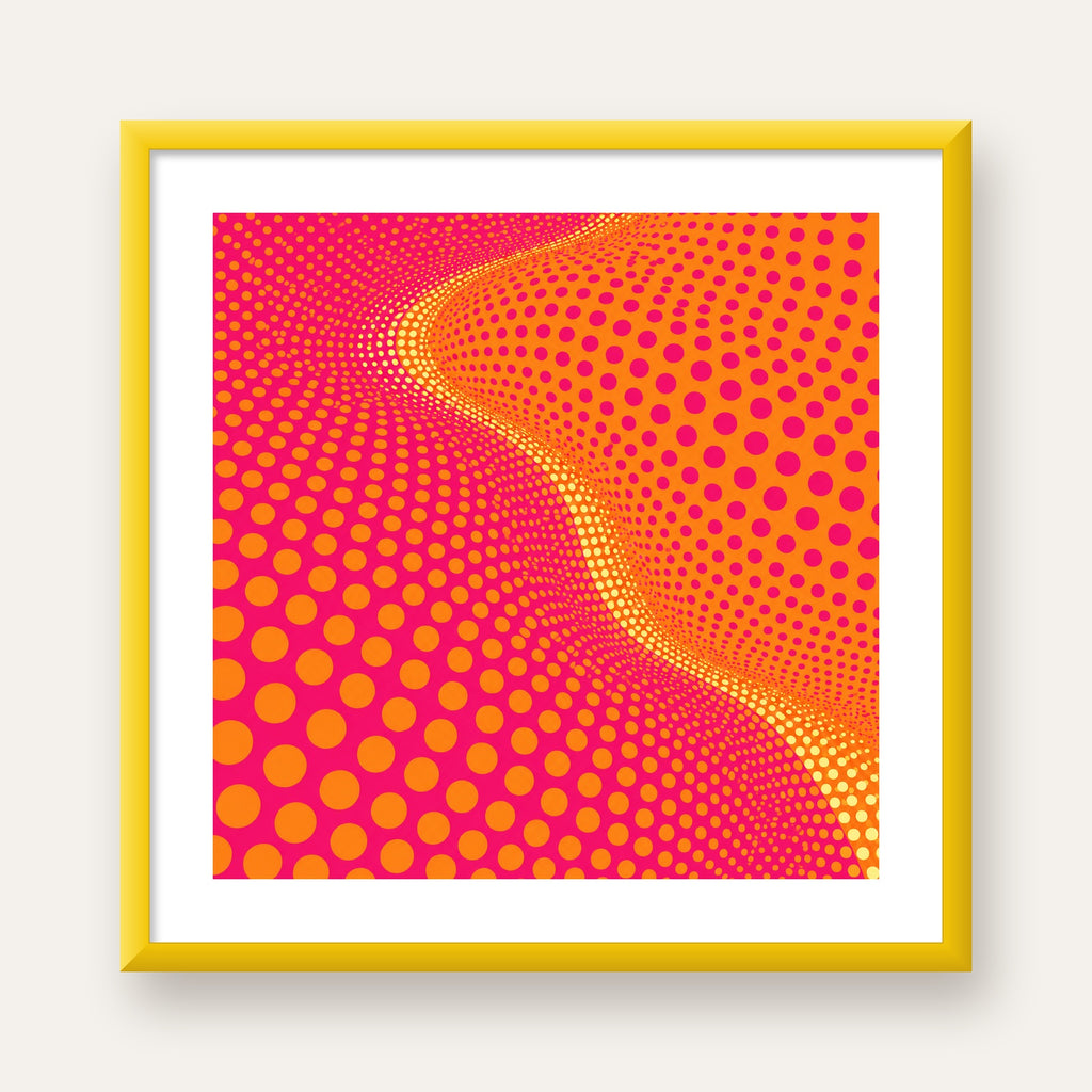 Optik İllüzyon Puantiyeli Pop Art Poster – Pembe Turuncu Sarı — sarı çerçeveli paspartulu