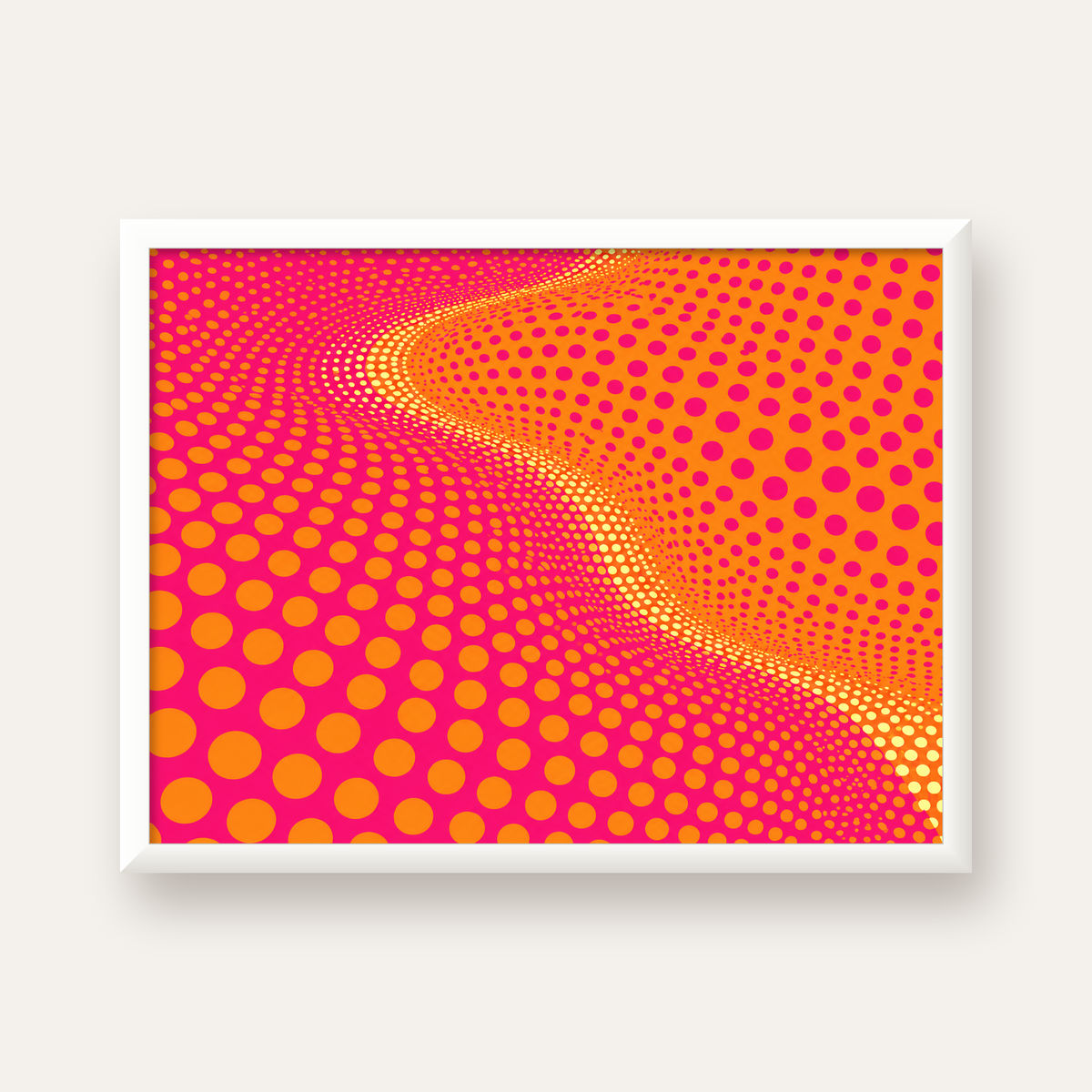 Optik İllüzyon Puantiyeli Pop Art Poster – Pembe Turuncu Sarı — beyaz çerçeveli yatay poster