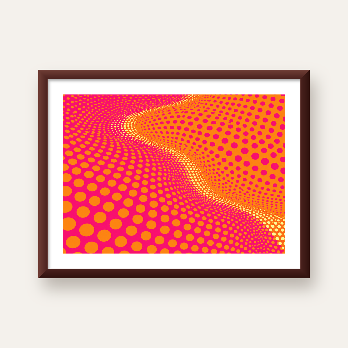 Optik İllüzyon Puantiyeli Pop Art Poster – Pembe Turuncu Sarı — ceviz çerçeveli paspartulu
