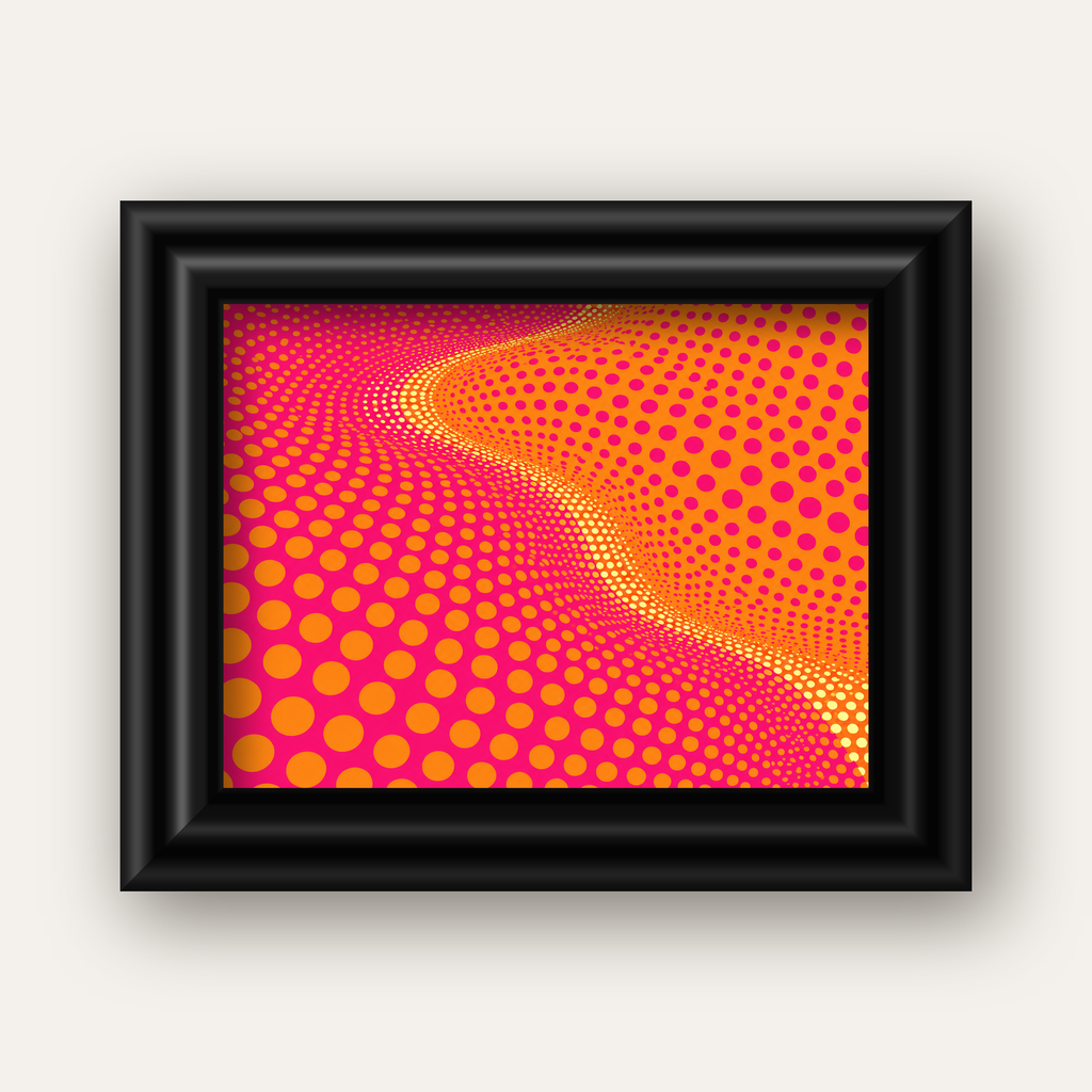 Optik İllüzyon Puantiyeli Pop Art Poster – Pembe Turuncu Sarı — siyah galeri çerçeveli