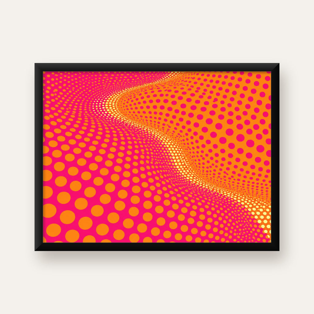 Optik İllüzyon Puantiyeli Pop Art Poster – Pembe Turuncu Sarı — Yatay baskı, düz siyah çerçeveli duvar posteri
