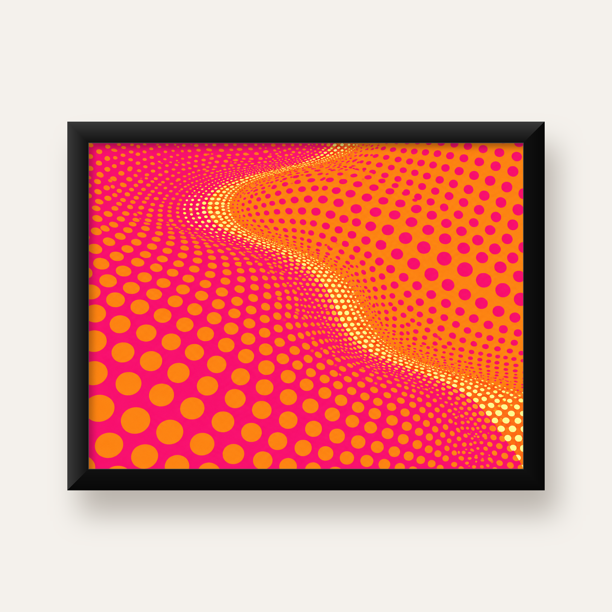 Optik İllüzyon Puantiyeli Pop Art Poster – Pembe Turuncu Sarı — Yatay baskı, düz siyah çerçeveli duvar posteri