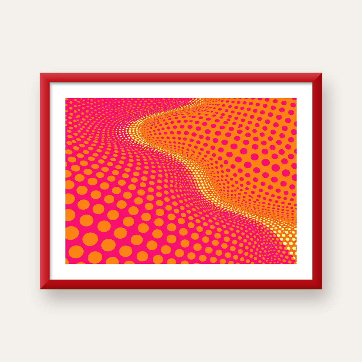 Optik İllüzyon Puantiyeli Pop Art Poster – Pembe Turuncu Sarı — kırmızı çerçeveli paspartulu