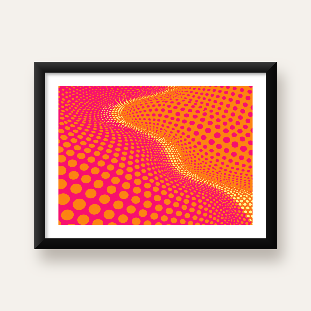 Optik İllüzyon Puantiyeli Pop Art Poster – Pembe Turuncu Sarı — Yatay baskı, beyaz paspartulu