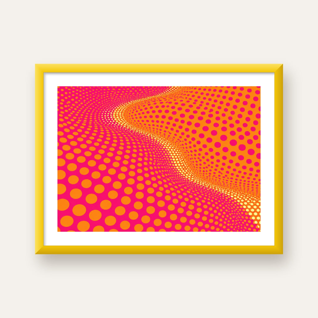 Optik İllüzyon Puantiyeli Pop Art Poster – Pembe Turuncu Sarı — sarı çerçeveli paspartulu