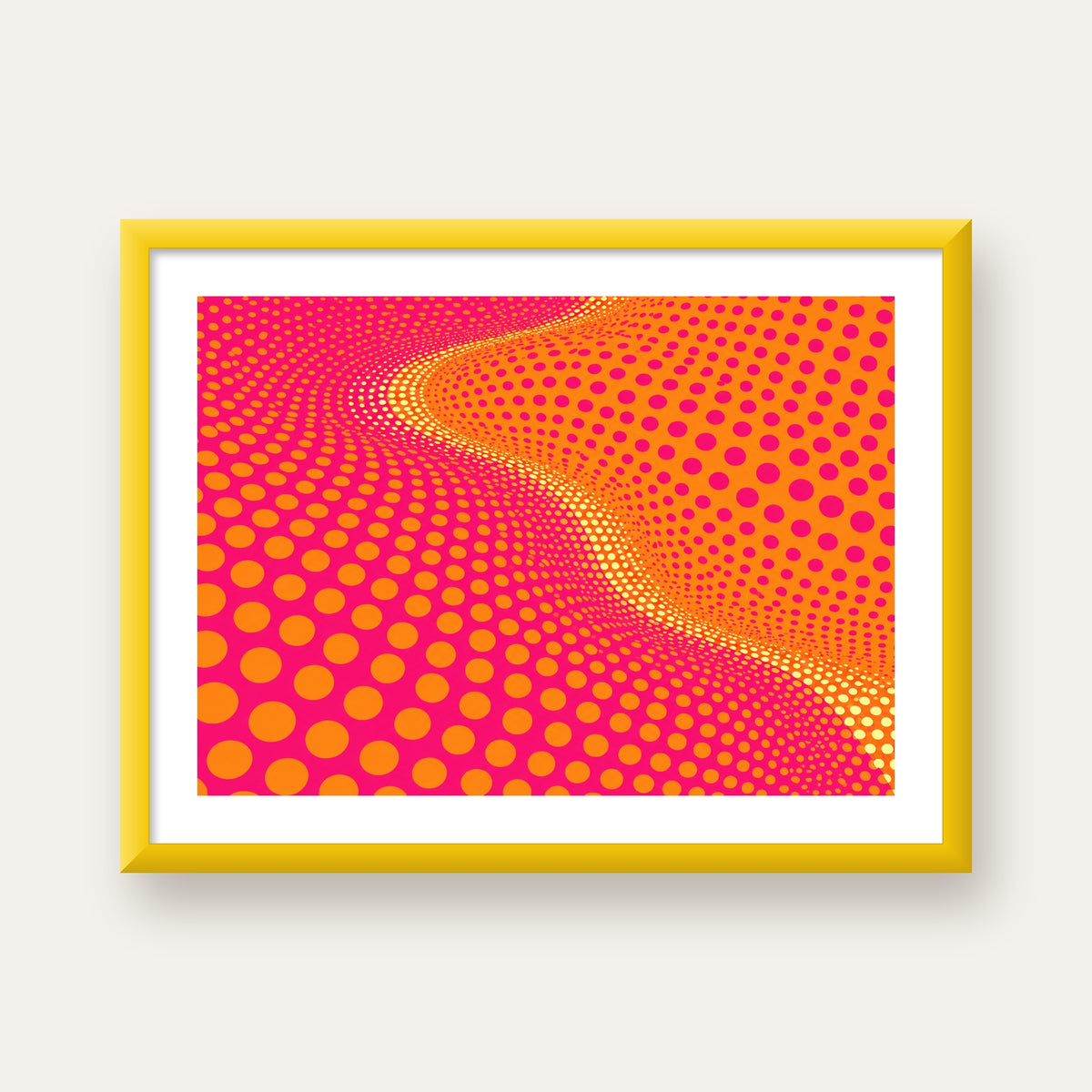 Optik İllüzyon Puantiyeli Pop Art Poster – Pembe Turuncu Sarı — sarı çerçeveli paspartulu