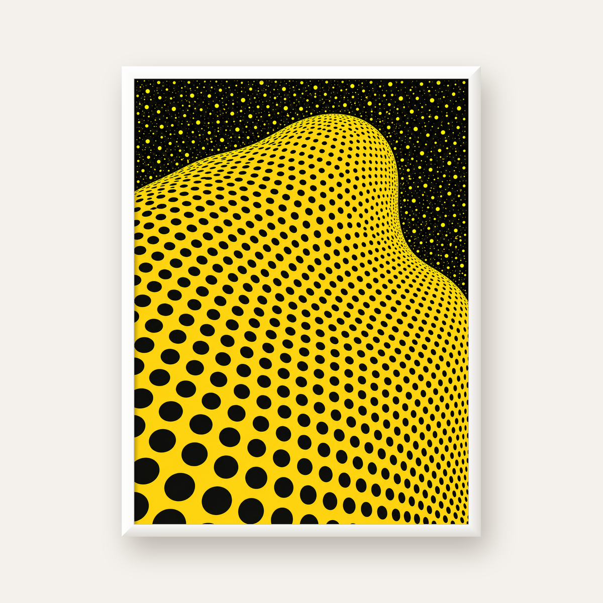 Sarı Siyah Soyut Nokta Desenli Dijital Pop-Art Poster — beyaz çerçeveli dikey poster