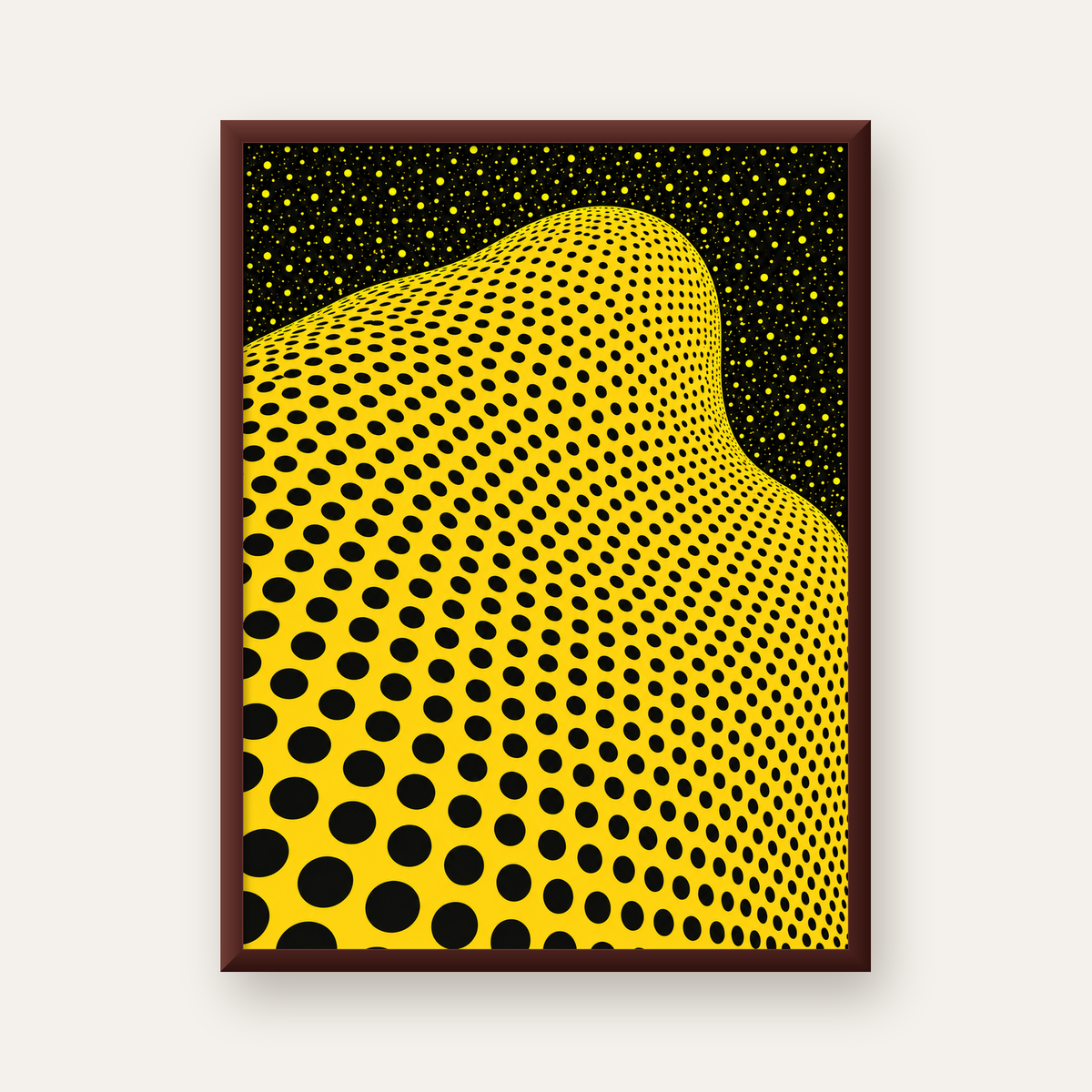 Sarı Siyah Soyut Nokta Desenli Dijital Pop-Art Poster — ceviz çerçeveli