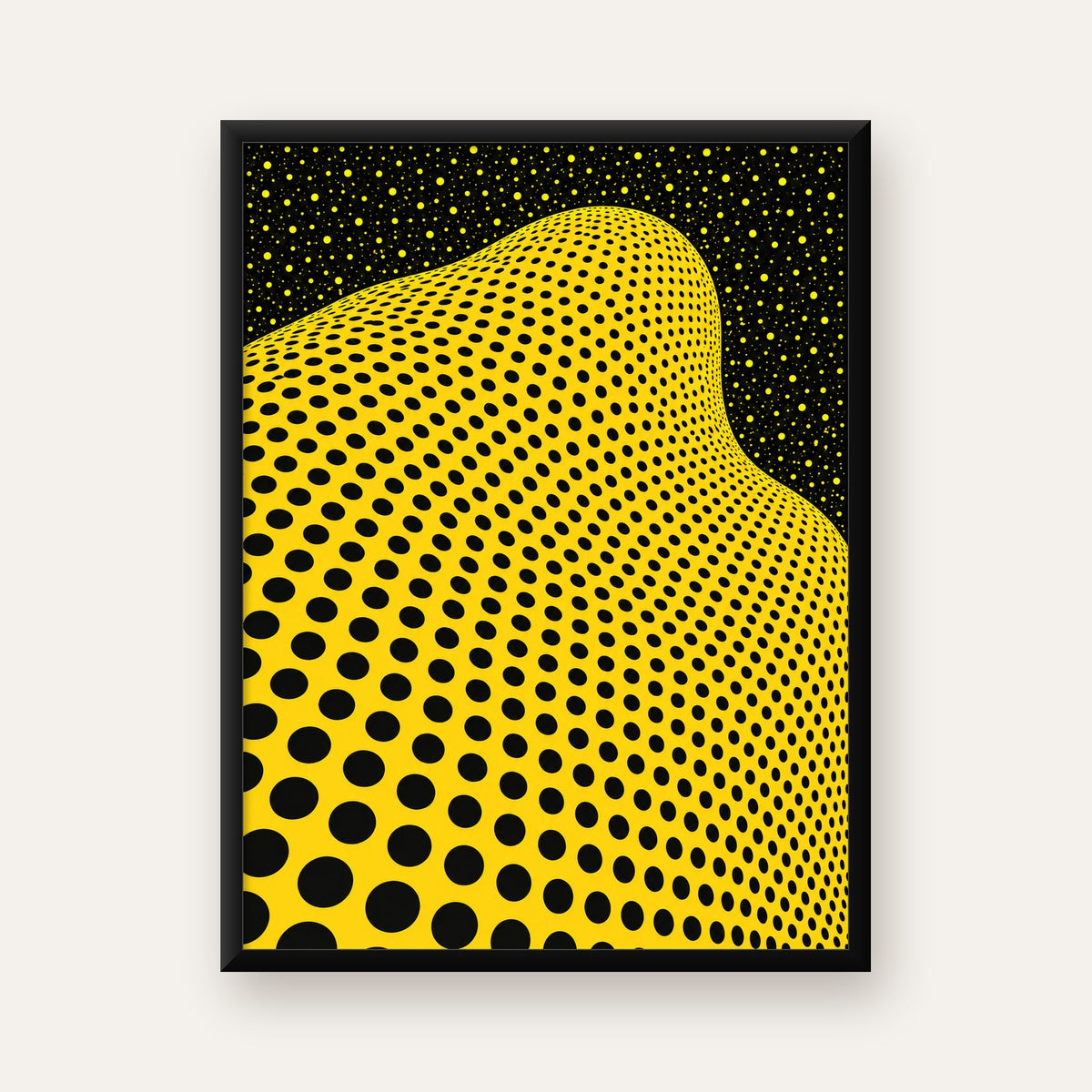 Sarı Siyah Soyut Nokta Desenli Dijital Pop-Art Poster — Dikey baskı, düz siyah çerçeveli duvar posteri