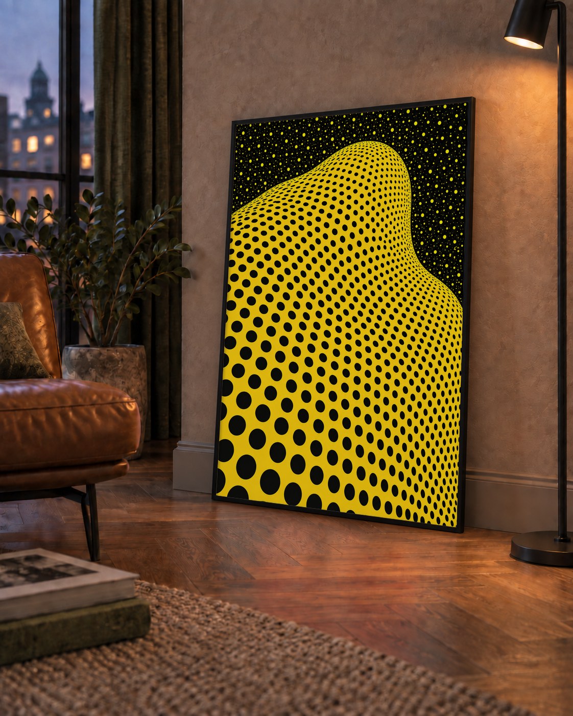 Sarı Siyah Soyut Nokta Desenli Dijital Pop-Art Poster — çerçeveli hâliyle bir ev duvarında