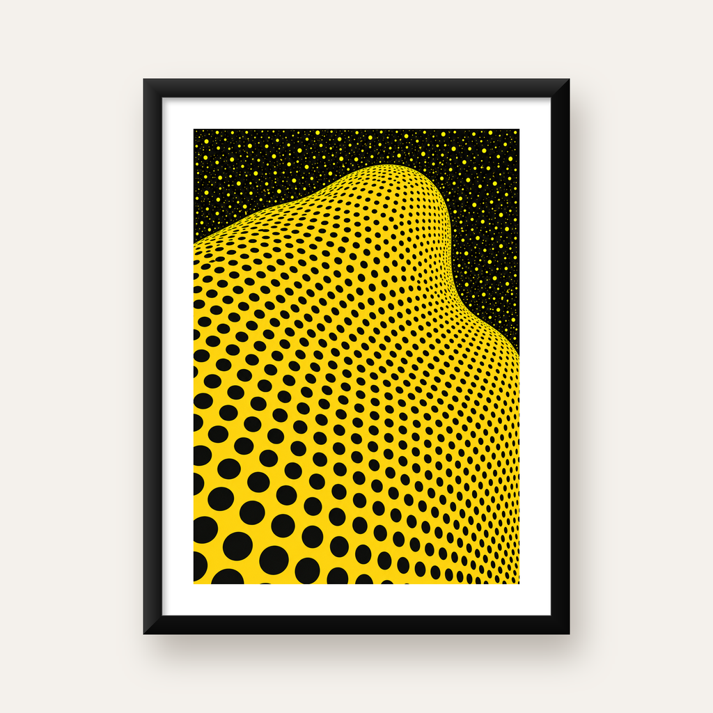 Sarı Siyah Soyut Nokta Desenli Dijital Pop-Art Poster — Dikey baskı, beyaz paspartulu