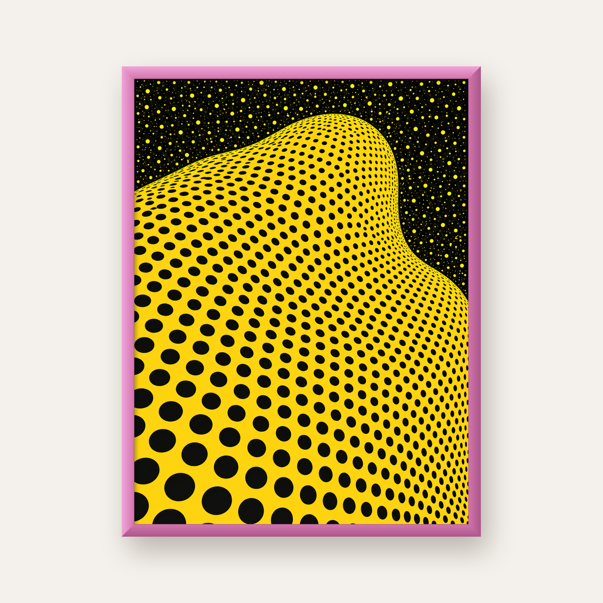 Sarı Siyah Soyut Nokta Desenli Dijital Pop-Art Poster — pembe çerçeveli