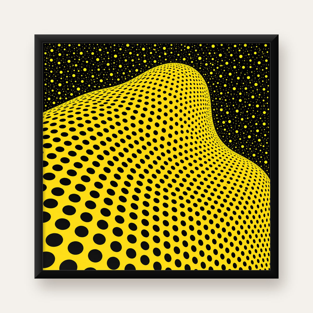 Sarı Siyah Soyut Nokta Desenli Dijital Pop-Art Poster — Kare baskı, düz siyah çerçeveli duvar posteri