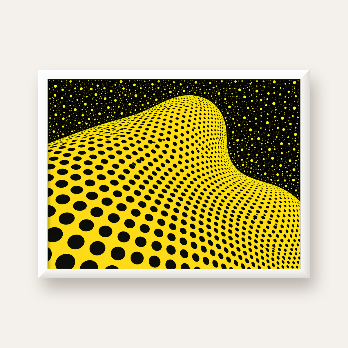 Sarı Siyah Soyut Nokta Desenli Dijital Pop-Art Poster — beyaz çerçeveli yatay poster