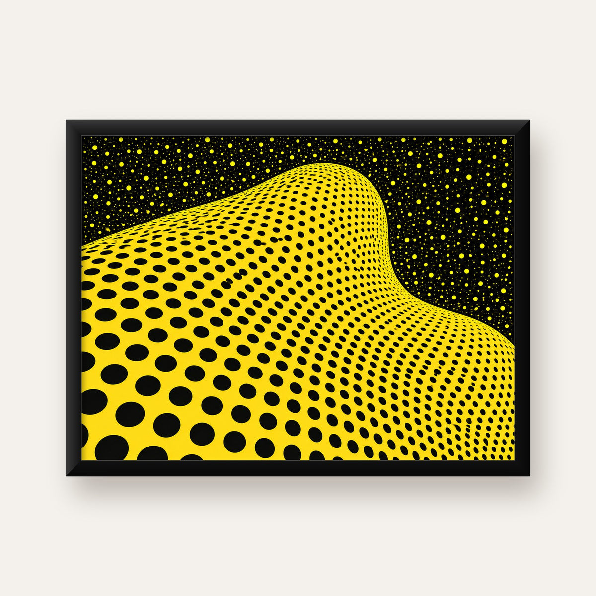 Sarı Siyah Soyut Nokta Desenli Dijital Pop-Art Poster — Yatay baskı, düz siyah çerçeveli duvar posteri