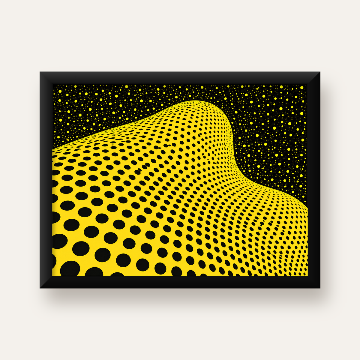 Sarı Siyah Soyut Nokta Desenli Dijital Pop-Art Poster — Yatay baskı, düz siyah çerçeveli duvar posteri