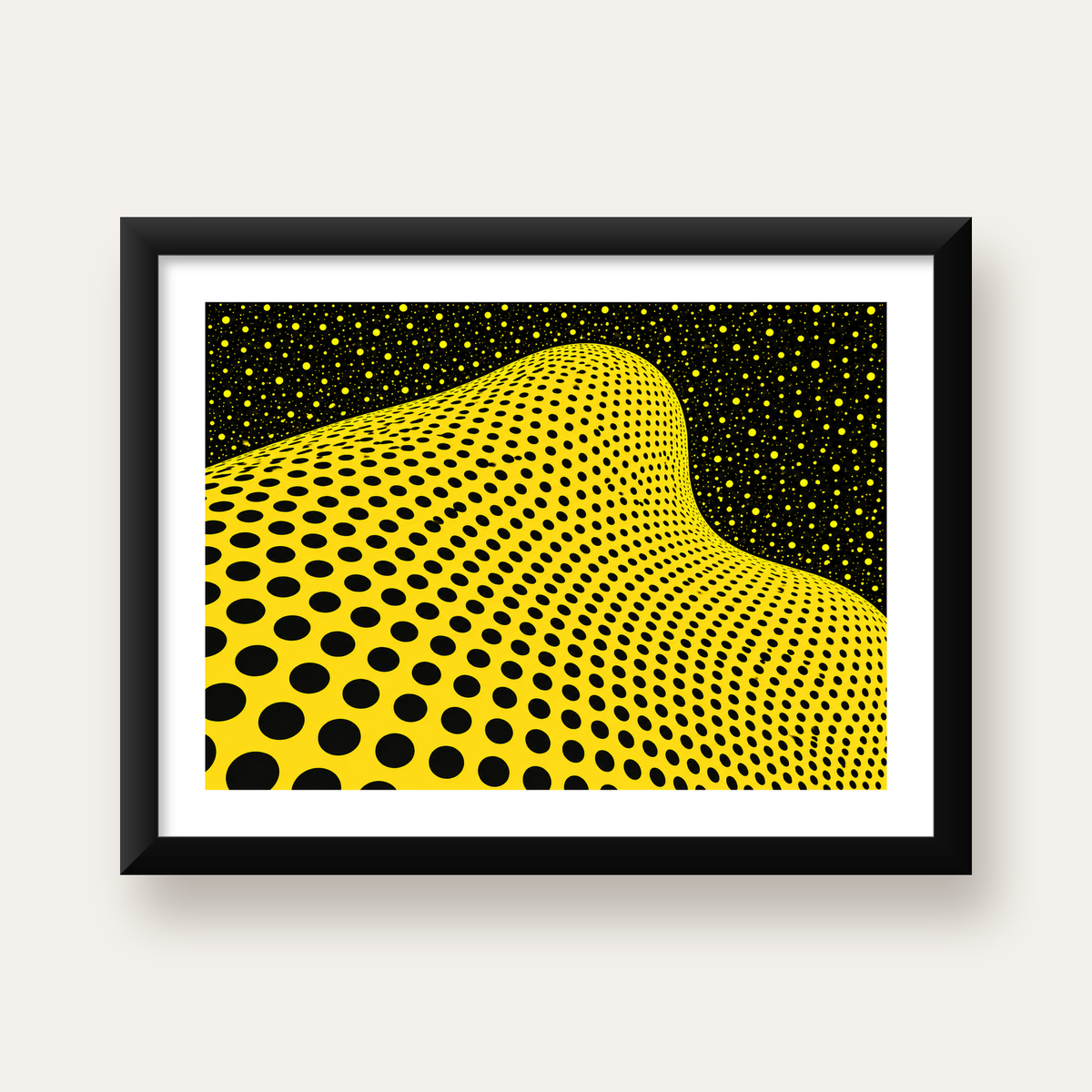 Sarı Siyah Soyut Nokta Desenli Dijital Pop-Art Poster — Yatay baskı, beyaz paspartulu