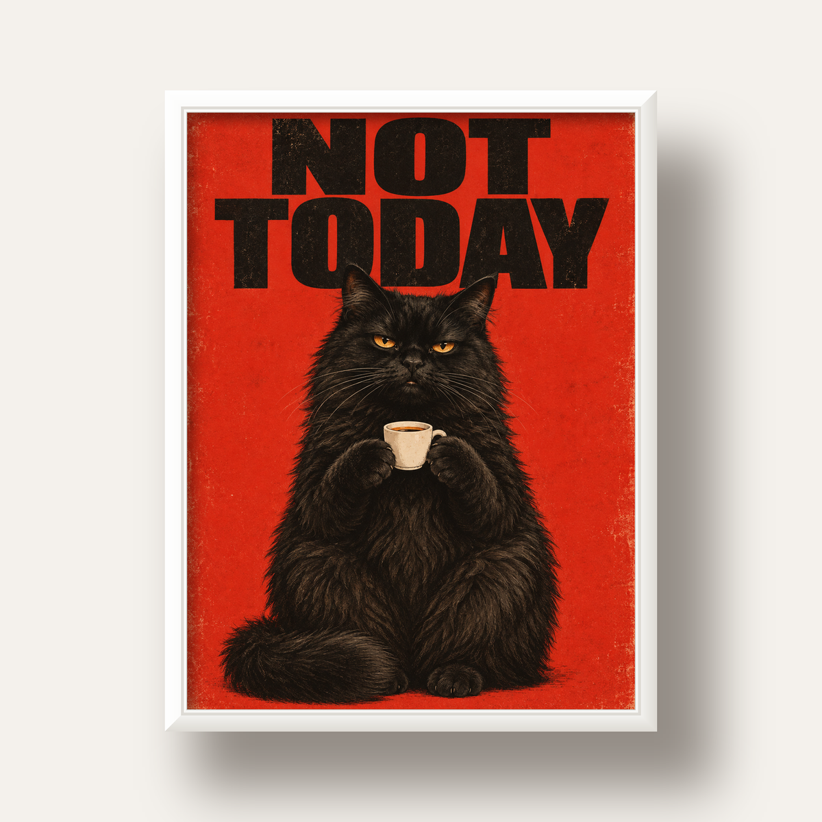 Kırmızı Fonlu Kahve İçen Siyah Kedi Retro Poster — beyaz derin çerçeveli