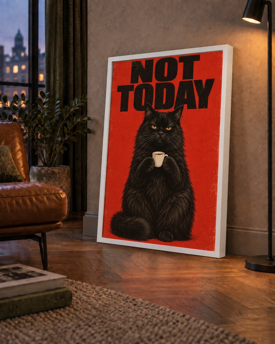 Kırmızı Fonlu Kahve İçen Siyah Kedi Retro Poster — çerçeveli hâliyle bir ev duvarında