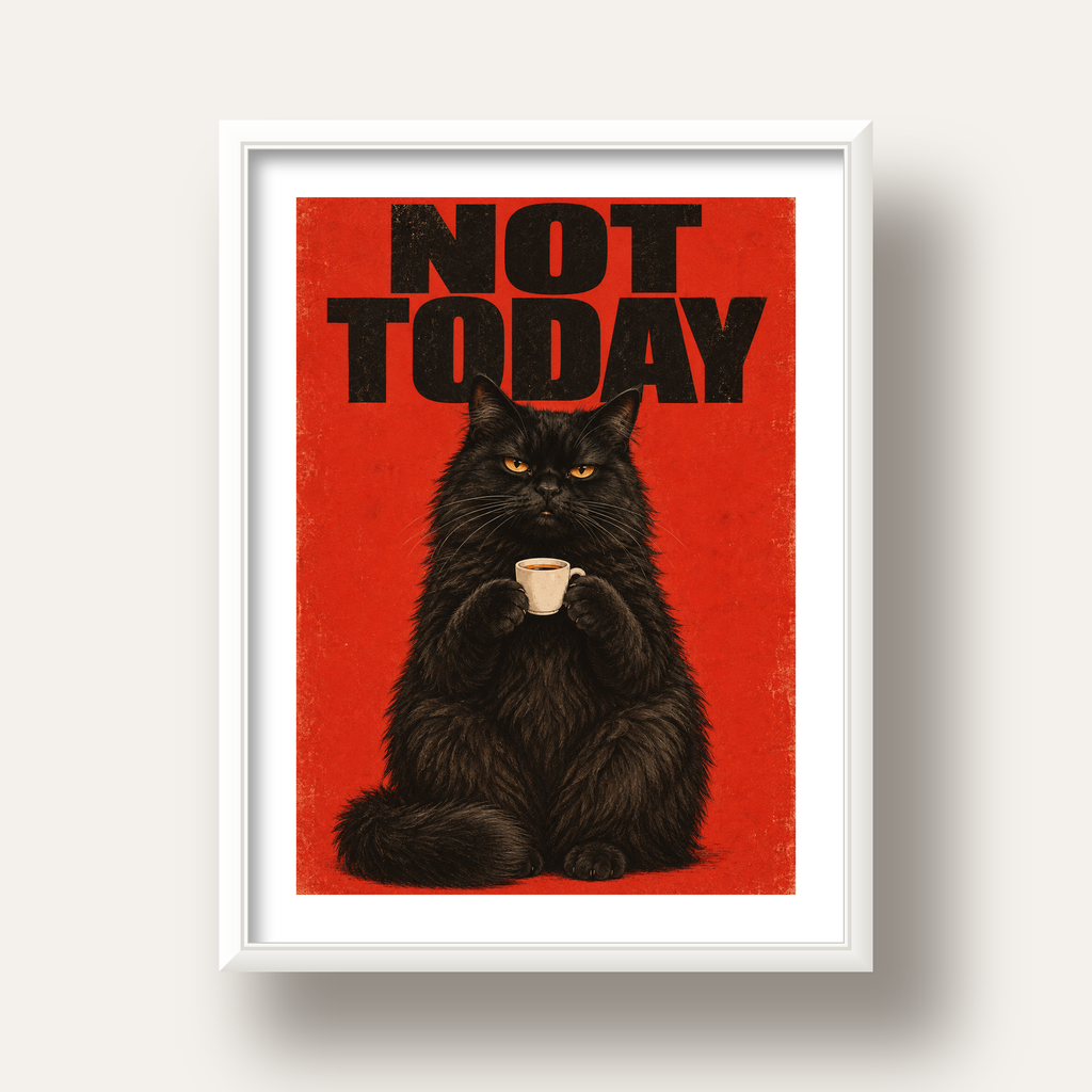 Kırmızı Fonlu Kahve İçen Siyah Kedi Retro Poster — beyaz derin çerçeveli paspartulu