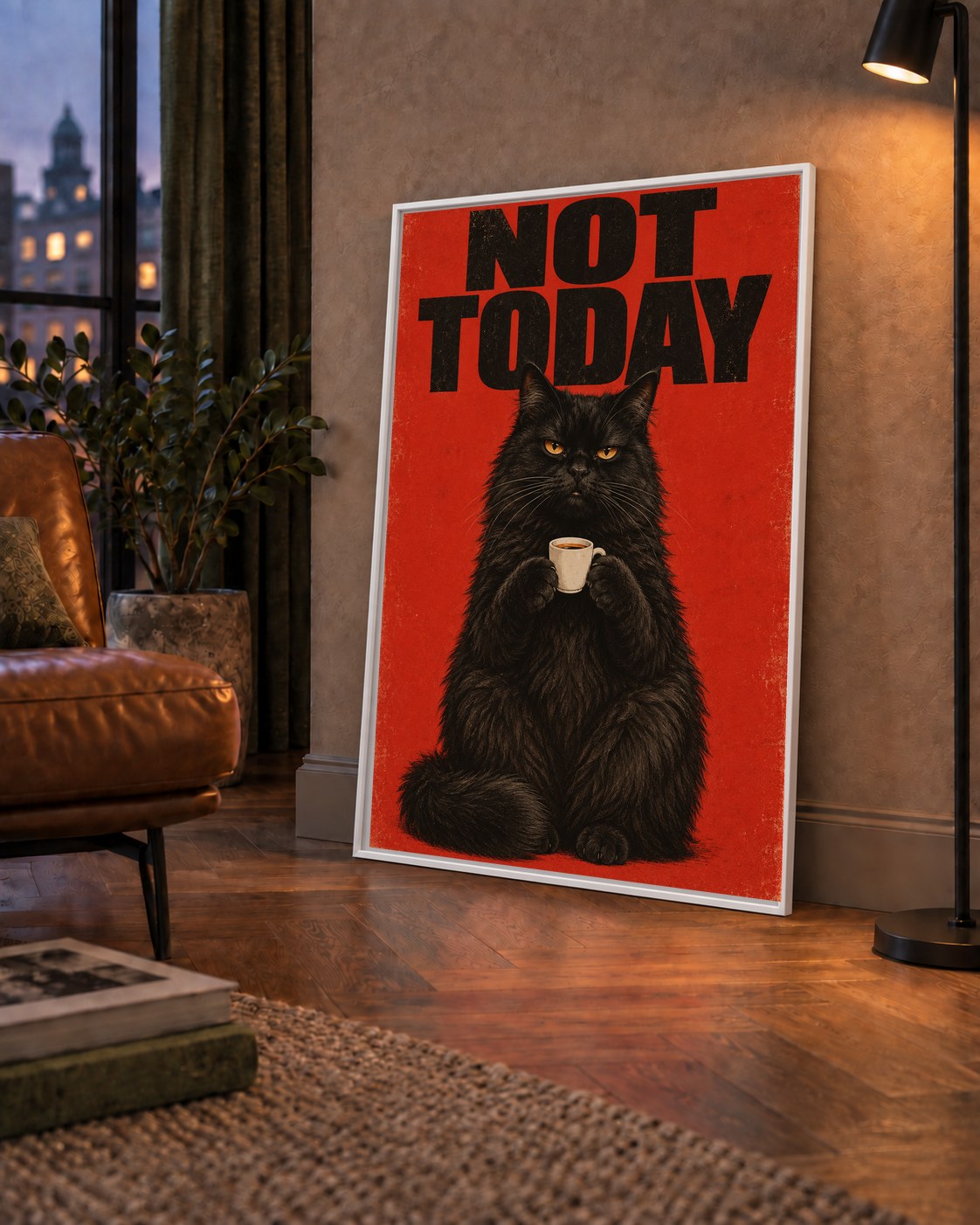 Kırmızı Fonlu Kahve İçen Siyah Kedi Retro Poster — çerçeveli hâliyle bir ev duvarında