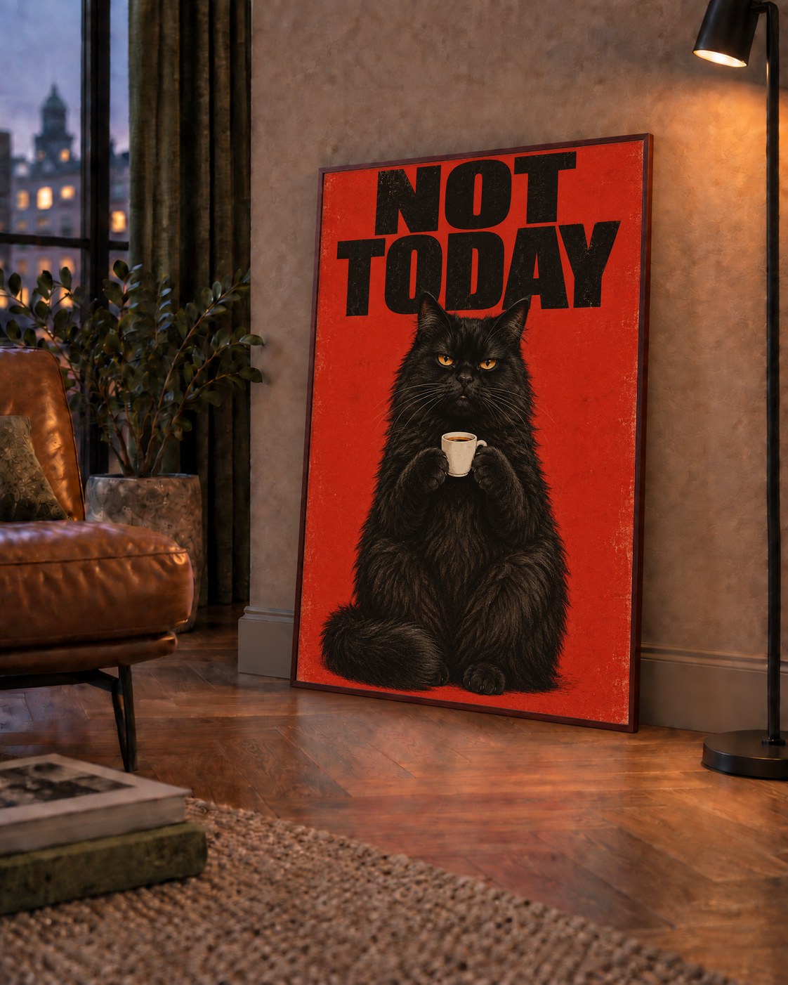 Kırmızı Fonlu Kahve İçen Siyah Kedi Retro Poster — çerçeveli hâliyle bir ev duvarında