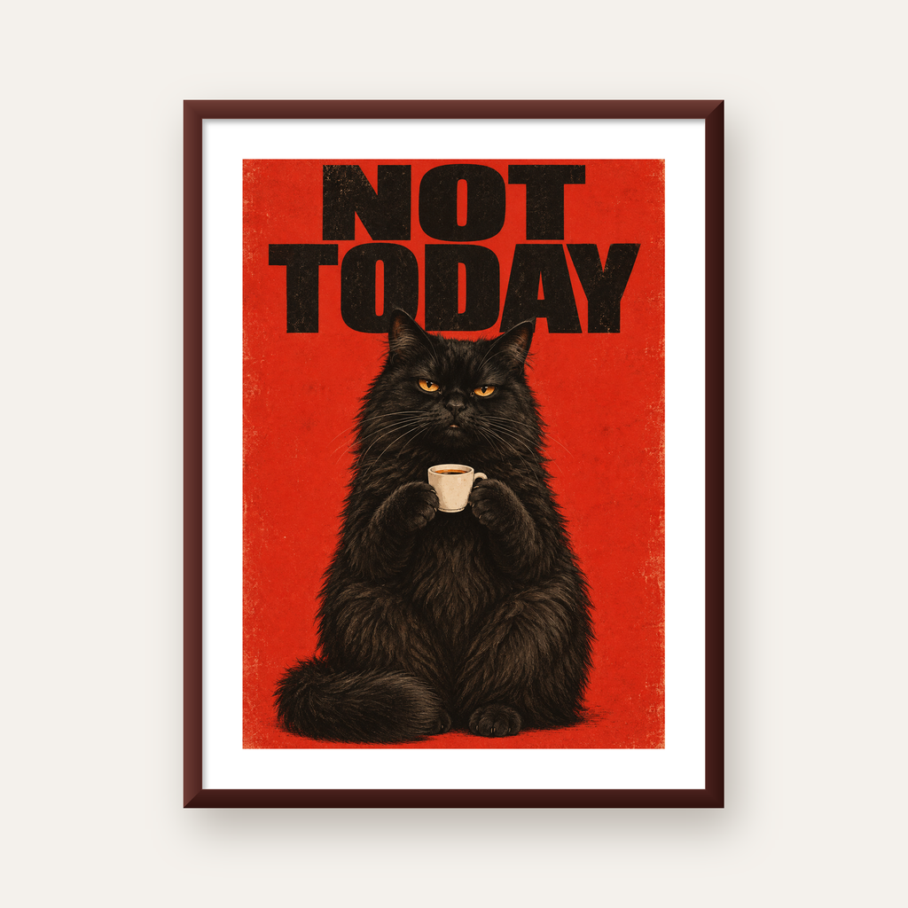 Kırmızı Fonlu Kahve İçen Siyah Kedi Retro Poster — ceviz çerçeveli paspartulu