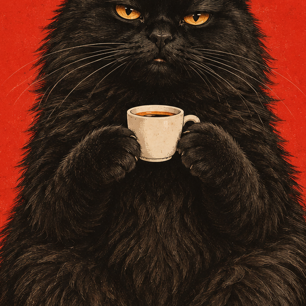 Kırmızı Fonlu Kahve İçen Siyah Kedi Retro Poster — baskının yakın çekimi, kâğıt dokusu ve renk detayı