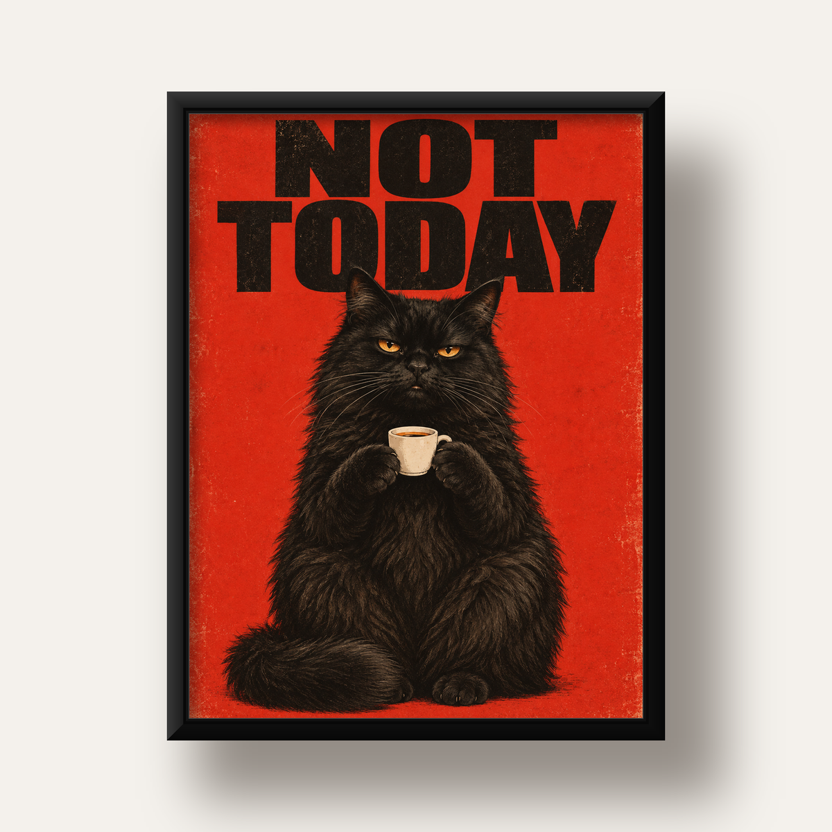 Kırmızı Fonlu Kahve İçen Siyah Kedi Retro Poster — siyah derin çerçeveli