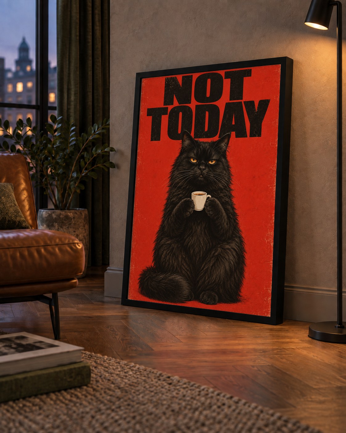 Kırmızı Fonlu Kahve İçen Siyah Kedi Retro Poster — çerçeveli hâliyle bir ev duvarında