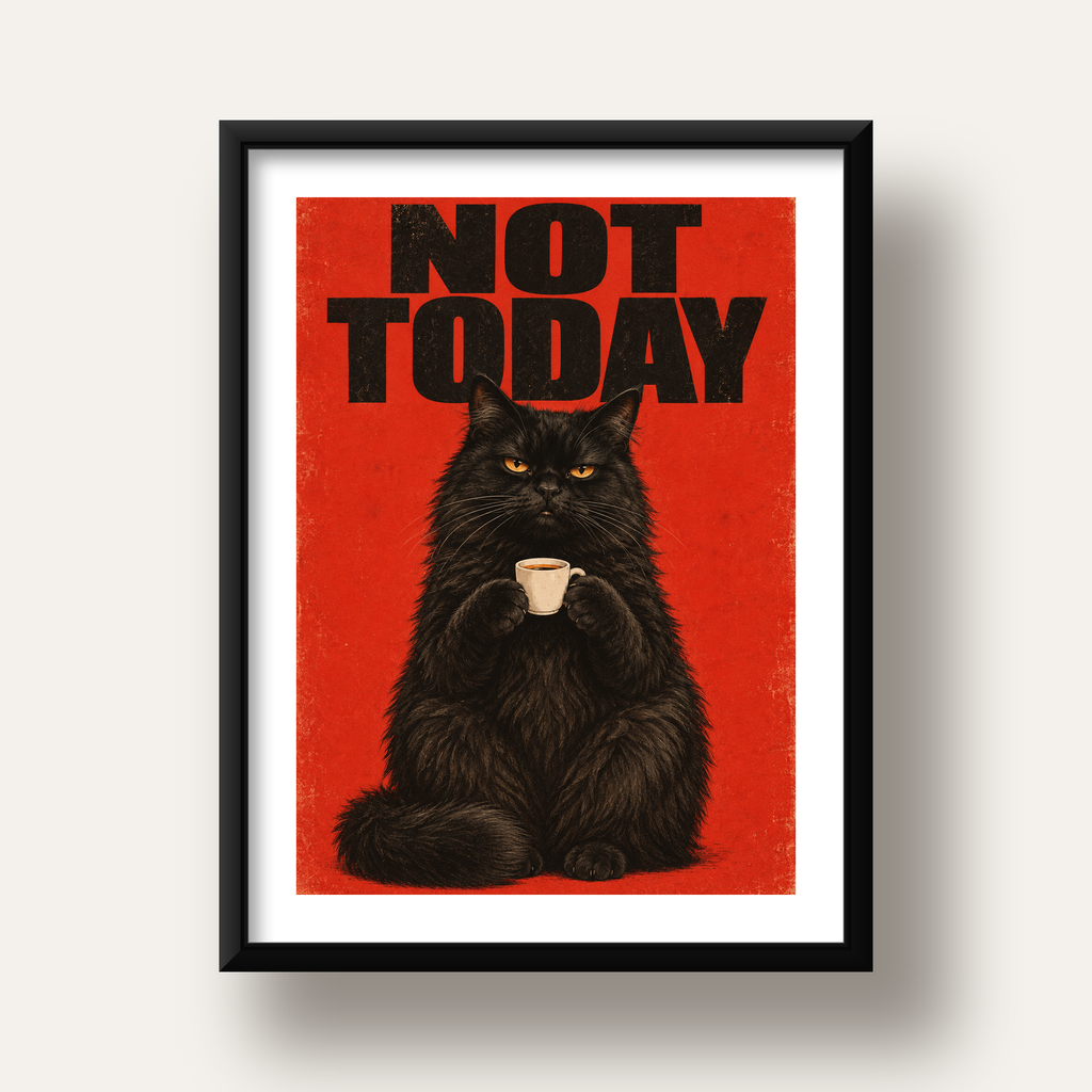 Kırmızı Fonlu Kahve İçen Siyah Kedi Retro Poster — siyah derin çerçeveli paspartulu