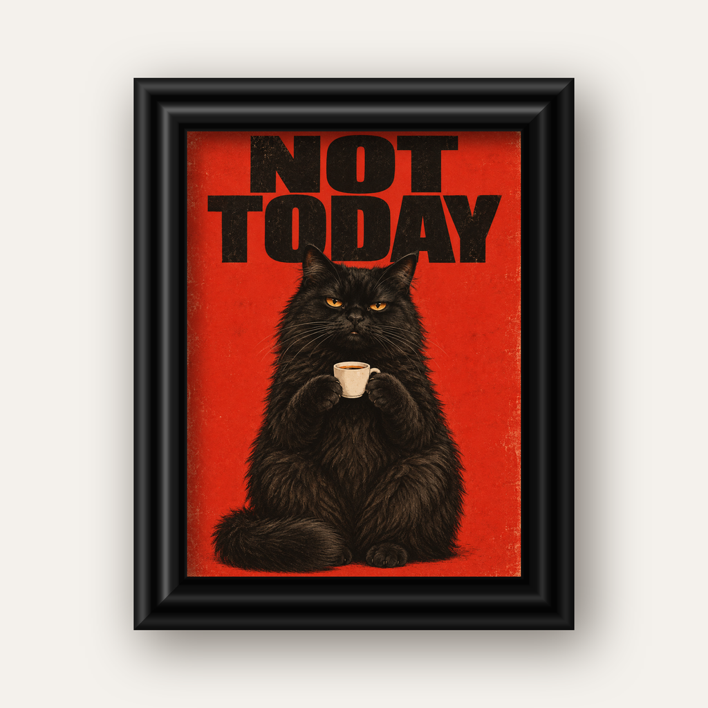 Kırmızı Fonlu Kahve İçen Siyah Kedi Retro Poster — siyah galeri çerçeveli