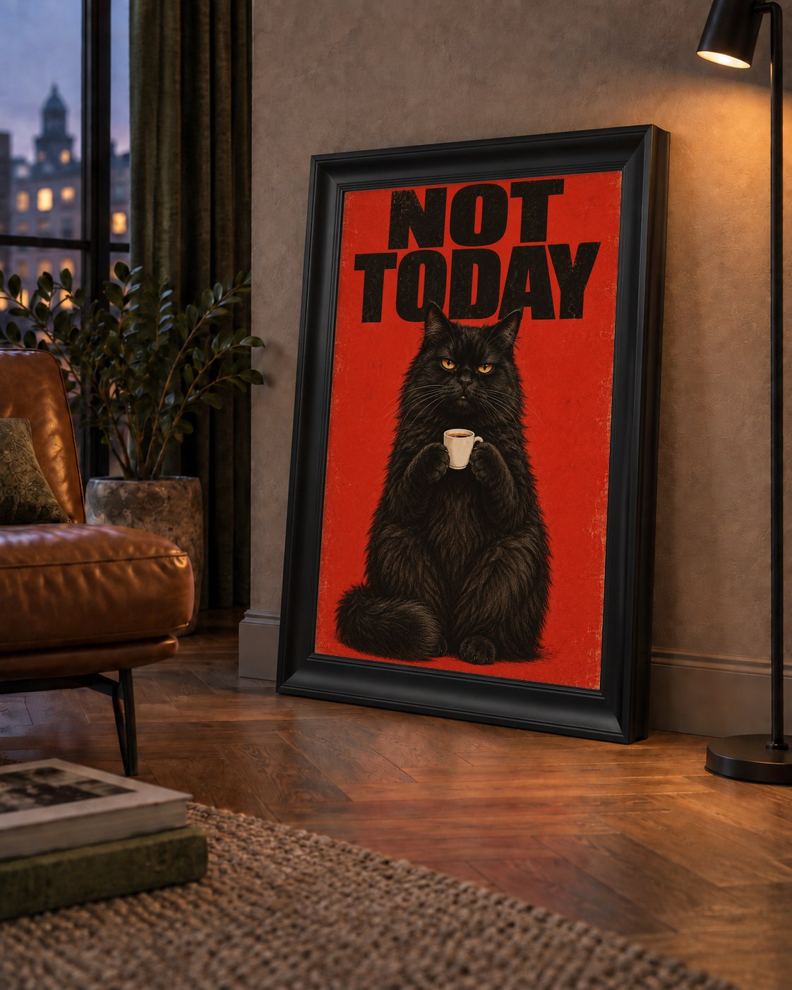 Kırmızı Fonlu Kahve İçen Siyah Kedi Retro Poster — çerçeveli hâliyle bir ev duvarında