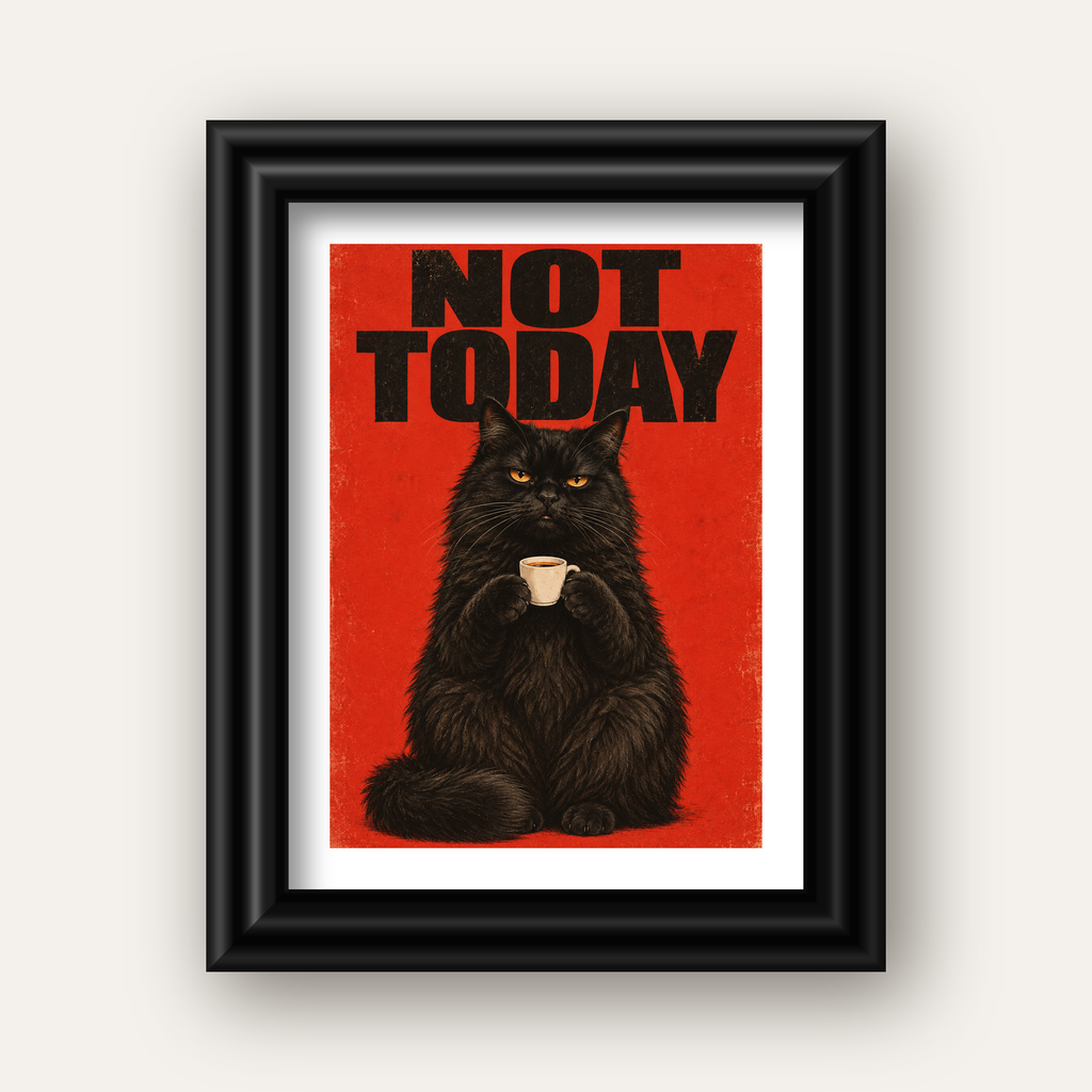 Kırmızı Fonlu Kahve İçen Siyah Kedi Retro Poster — siyah galeri çerçeveli paspartulu