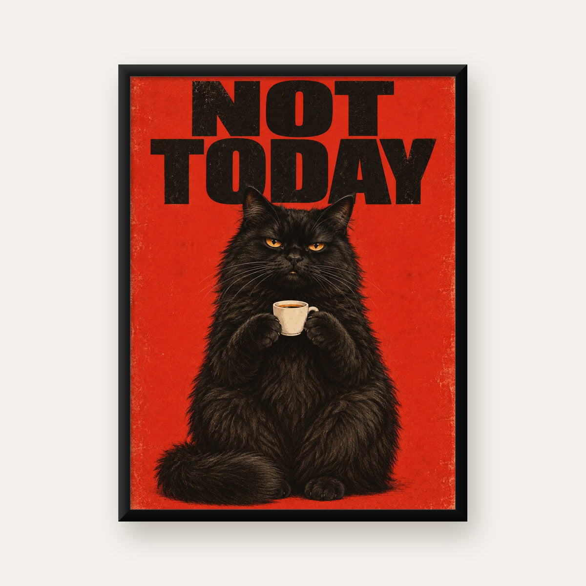 Kırmızı Fonlu Kahve İçen Siyah Kedi Retro Poster — Dikey baskı, düz siyah çerçeveli duvar posteri