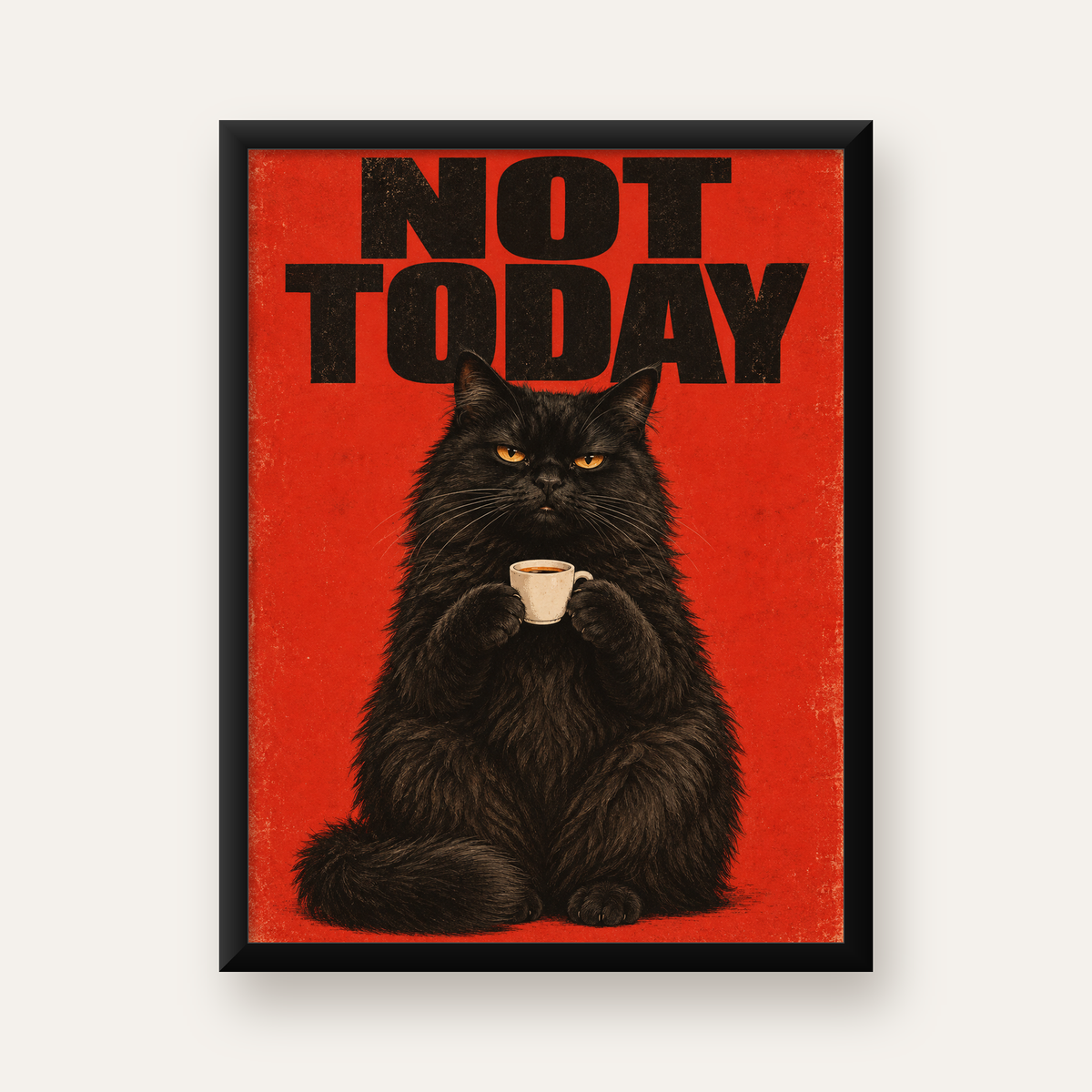 Kırmızı Fonlu Kahve İçen Siyah Kedi Retro Poster — Dikey baskı, düz siyah çerçeveli duvar posteri