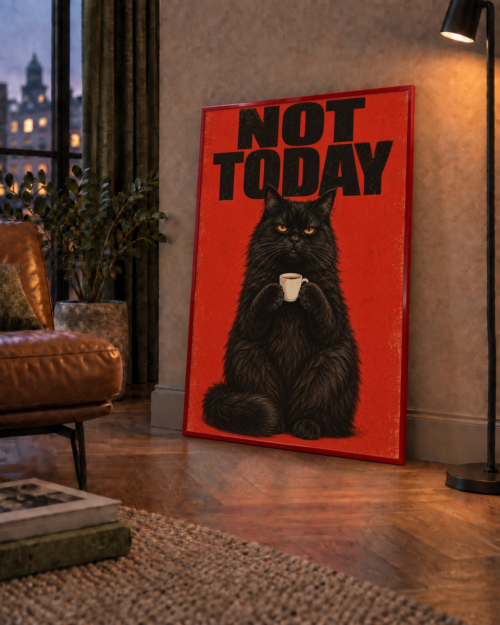 Kırmızı Fonlu Kahve İçen Siyah Kedi Retro Poster — çerçeveli hâliyle bir ev duvarında