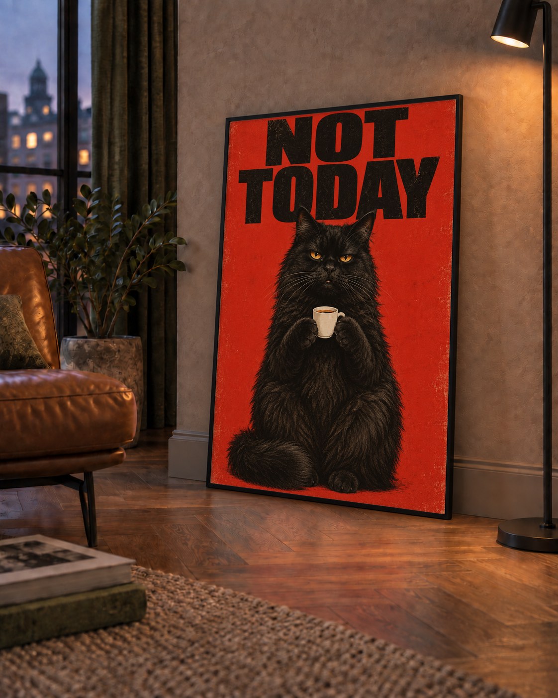 Kırmızı Fonlu Kahve İçen Siyah Kedi Retro Poster — çerçeveli hâliyle bir ev duvarında