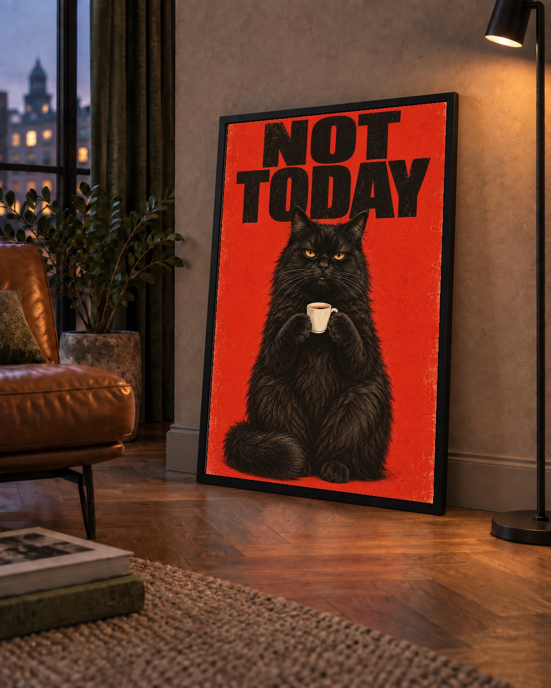 Kırmızı Fonlu Kahve İçen Siyah Kedi Retro Poster