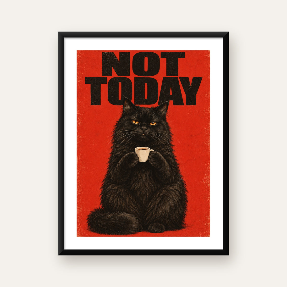 Kırmızı Fonlu Kahve İçen Siyah Kedi Retro Poster — Dikey baskı, beyaz paspartulu