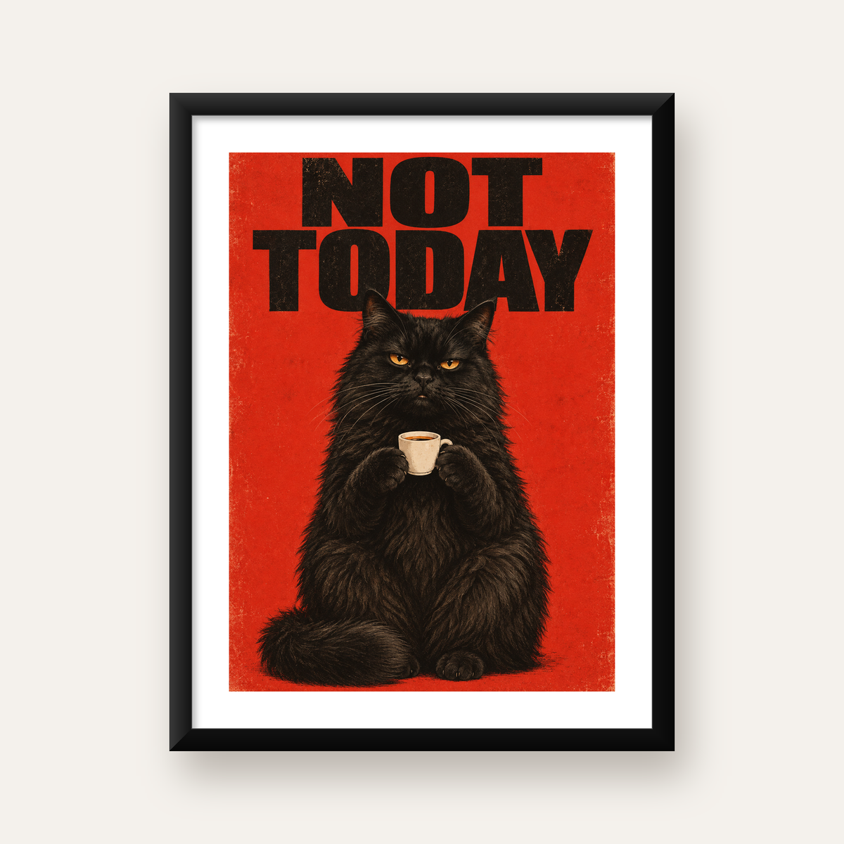 Kırmızı Fonlu Kahve İçen Siyah Kedi Retro Poster — Dikey baskı, beyaz paspartulu