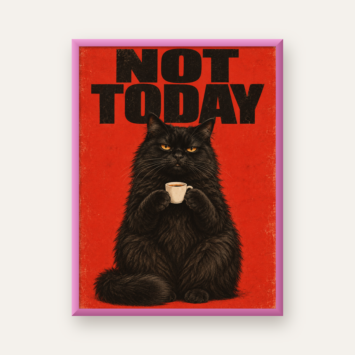 Kırmızı Fonlu Kahve İçen Siyah Kedi Retro Poster — pembe çerçeveli