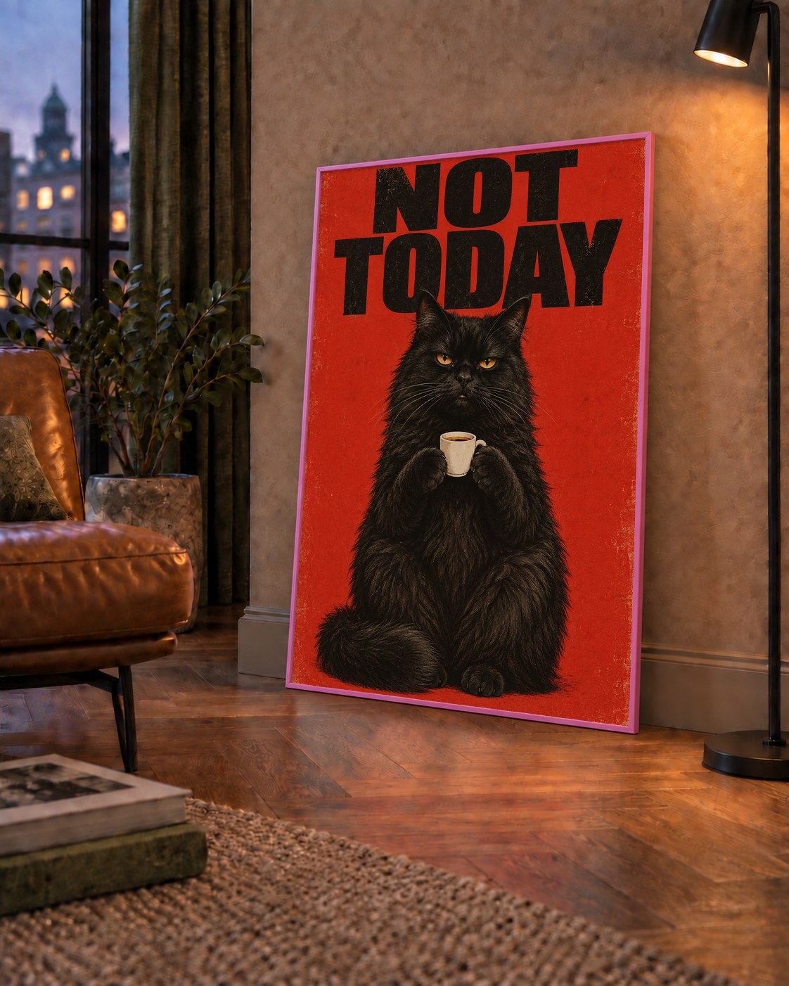Kırmızı Fonlu Kahve İçen Siyah Kedi Retro Poster — çerçeveli hâliyle bir ev duvarında