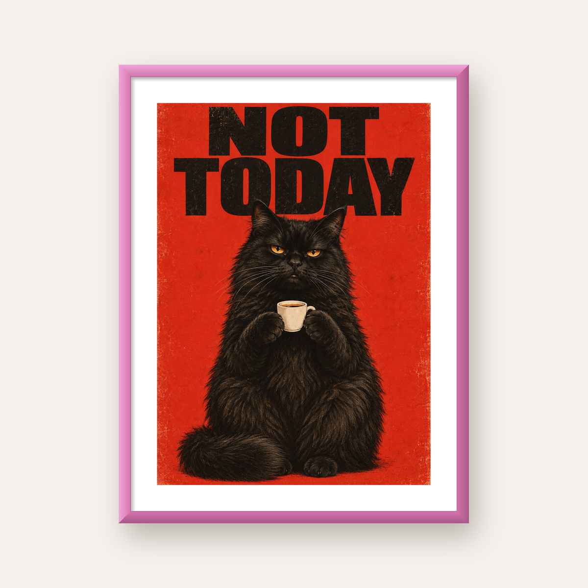 Kırmızı Fonlu Kahve İçen Siyah Kedi Retro Poster — pembe çerçeveli paspartulu