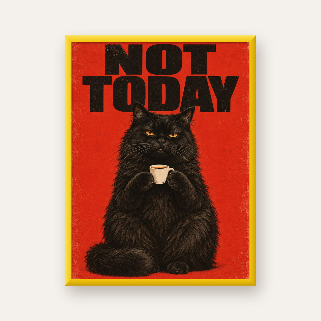 Kırmızı Fonlu Kahve İçen Siyah Kedi Retro Poster — sarı çerçeveli