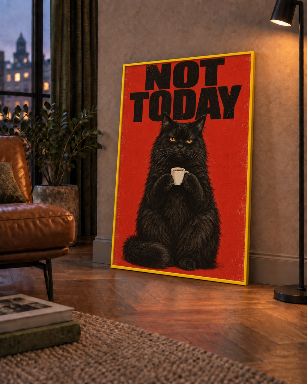 Kırmızı Fonlu Kahve İçen Siyah Kedi Retro Poster — çerçeveli hâliyle bir ev duvarında
