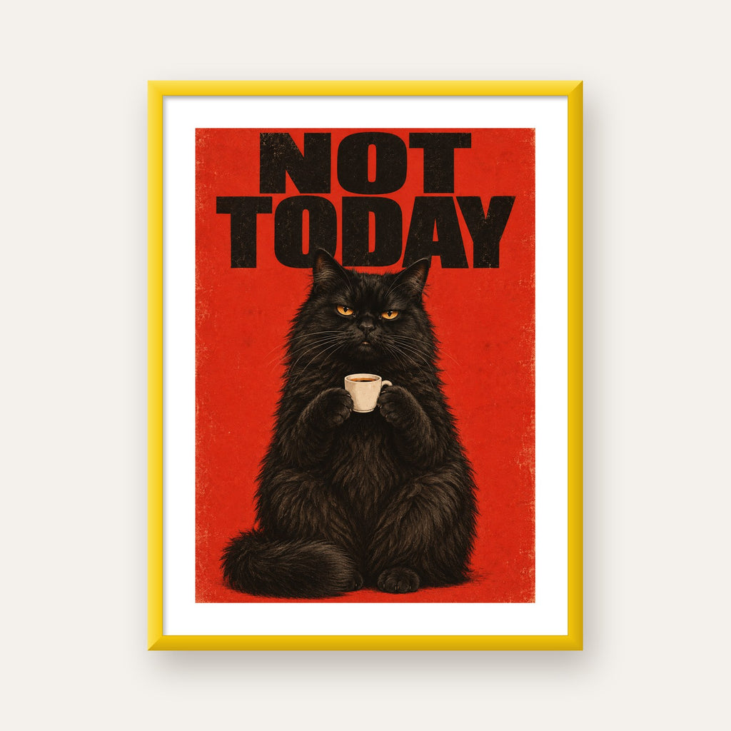 Kırmızı Fonlu Kahve İçen Siyah Kedi Retro Poster — sarı çerçeveli paspartulu