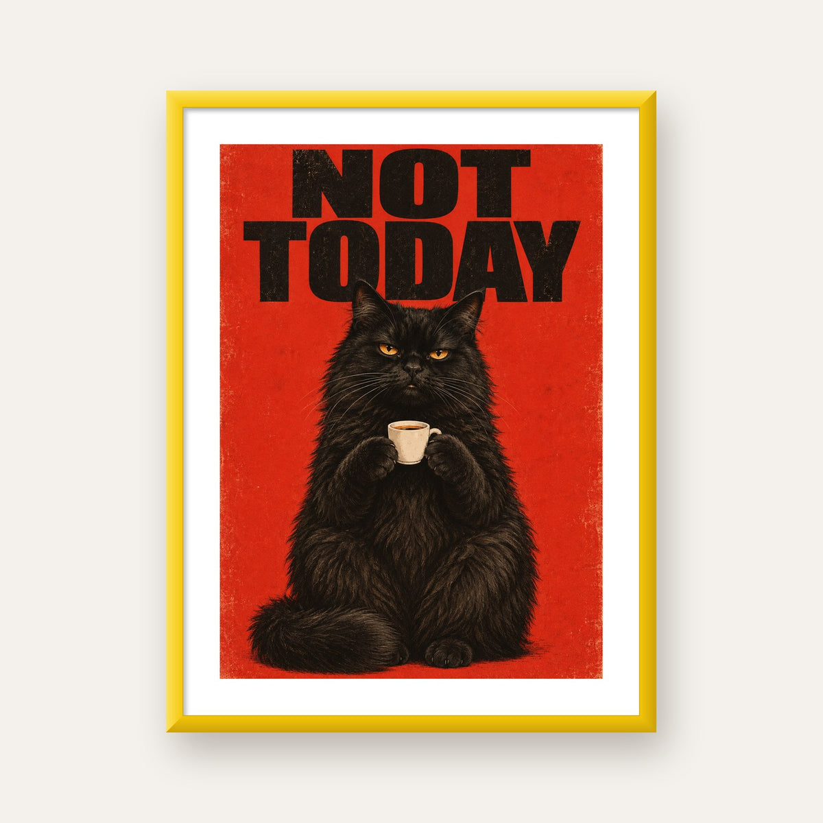 Kırmızı Fonlu Kahve İçen Siyah Kedi Retro Poster — sarı çerçeveli paspartulu