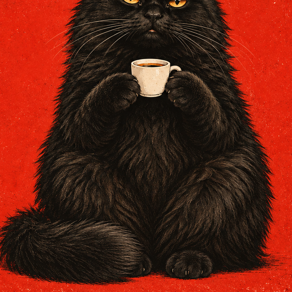 Kırmızı Fonlu Kahve İçen Siyah Kedi Retro Poster — baskının yakın çekimi, kâğıt dokusu ve renk detayı